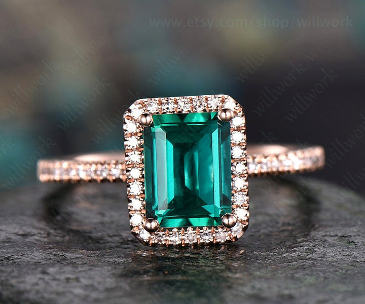 Green emerald engagement ring 14k rose gold handmade emerald ring vintage diamond halo ring stacking band bridal promise ring lab emerald