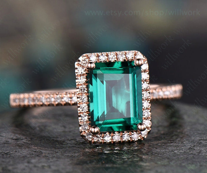 Green emerald engagement ring 14k rose gold handmade emerald ring vintage diamond halo ring stacking band bridal promise ring lab emerald