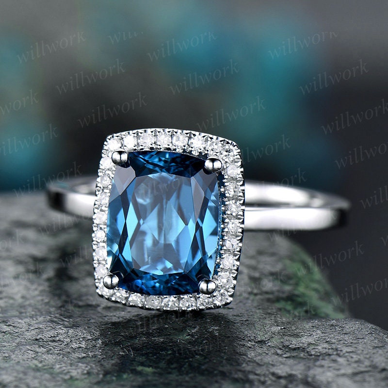 Cushion London blue topaz engagement ring 14k white gold diamond halo topaz ring gold unique antique bridal wedding promise ring for her