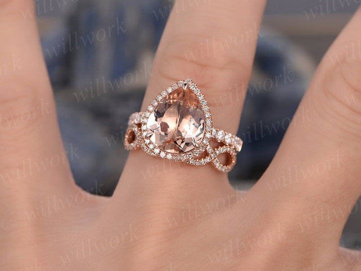 2pcs tear dropped morganite engagement ring set 14k rose gold matching band diamond halo big gift wedding bridal promise ring set for her