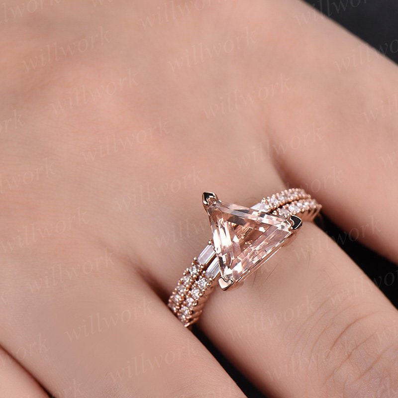 2pcs trillion cut morganite engagement ring set 14k rose gold real diamond vintage antique unique promise bridal wedding ring set for her
