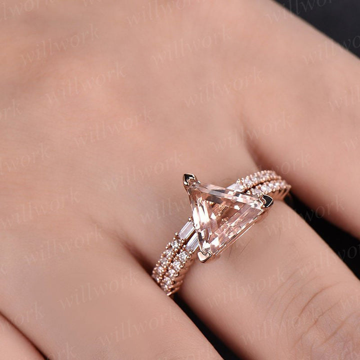 2pcs trillion cut morganite engagement ring set 14k rose gold real diamond vintage antique unique promise bridal wedding ring set for her