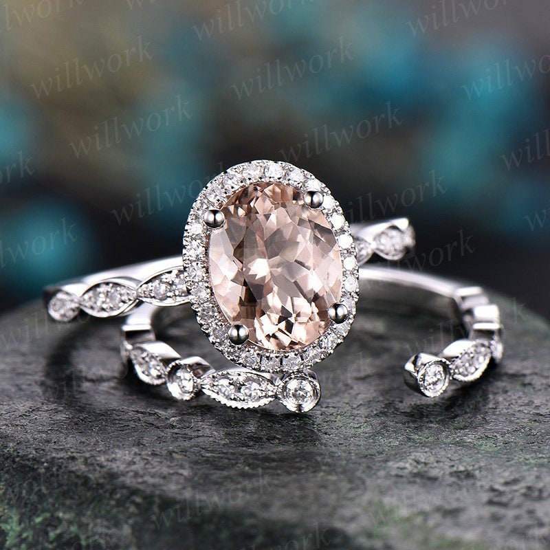 Morganite engagement ring set handmade solid 14k white gold ring under halo open diamond ring band 7x9 oval cut gemstone bridal ring set