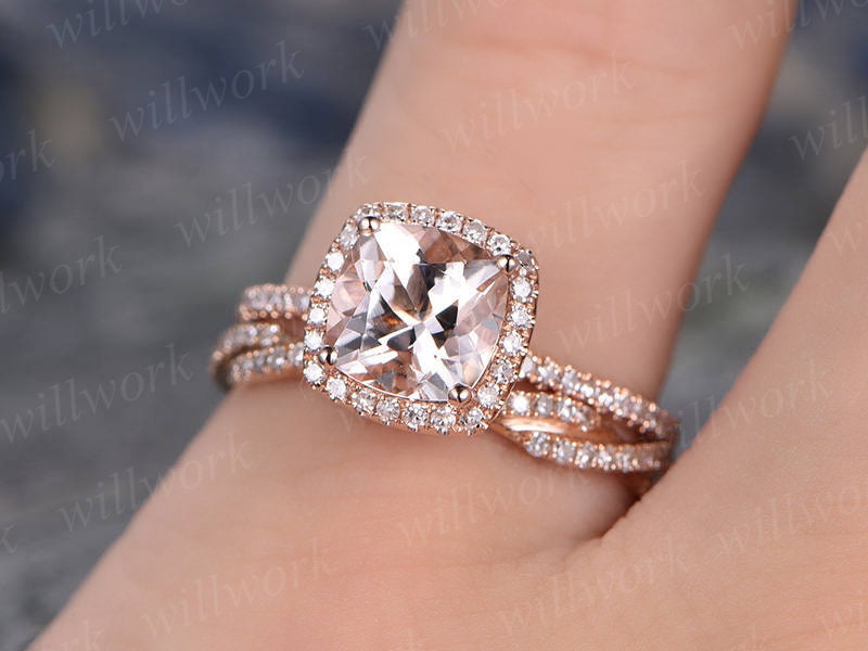 Cushion Morganite engagement ring-Solid 14k Rose gold morganite ring set-Twisted Real Diamond Band- promise ring for her -halo wedding band