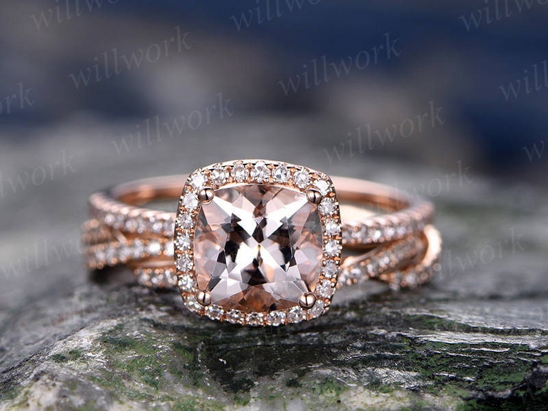 Cushion Morganite engagement ring-Solid 14k Rose gold morganite ring set-Twisted Real Diamond Band- promise ring for her -halo wedding band