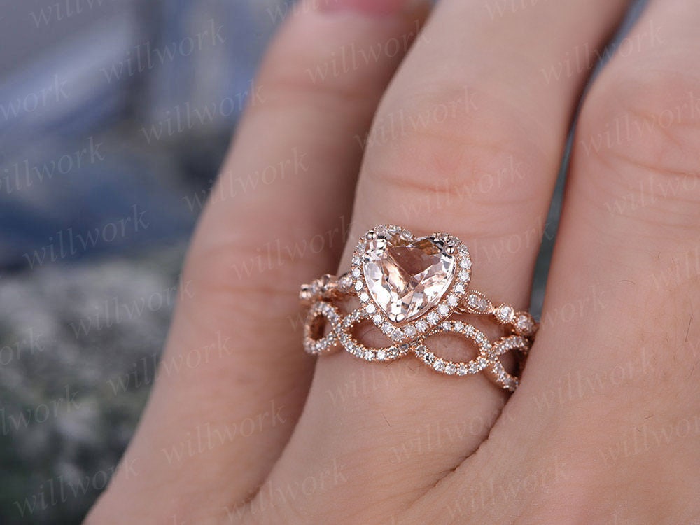 Morganite engagement ring-handmade Solid 14k Rose gold ring-Real Floral Diamond band-Heart shaped Cut gemstone promise ring-Bridal Ring set