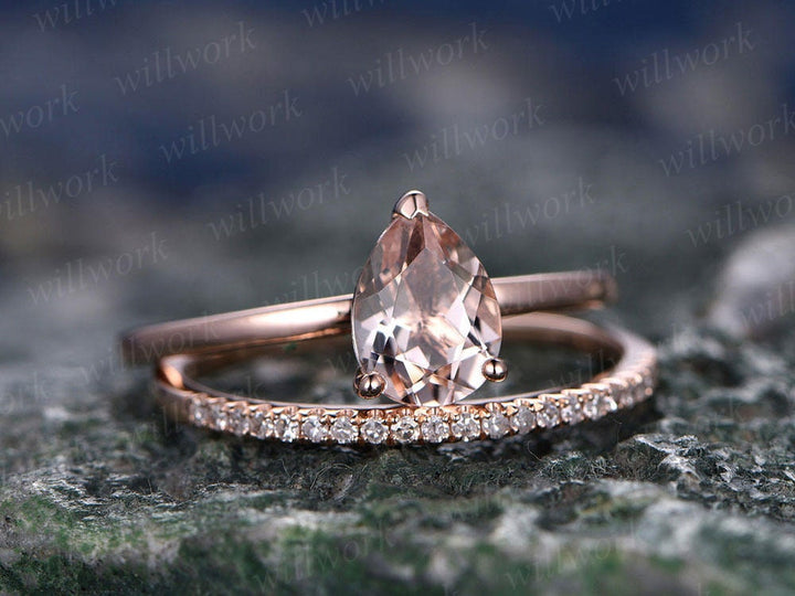 Morganite engagement ring set-handmade Solid 14k Rose gold ring-Real Pave Diamond band-6x8mm Tear Dropped cut  promise ring-Bridal Ring set