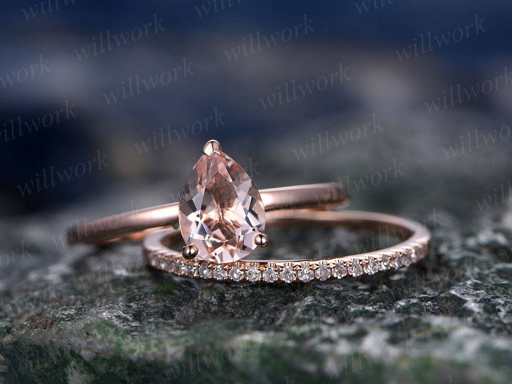 Morganite engagement ring set-handmade Solid 14k Rose gold ring