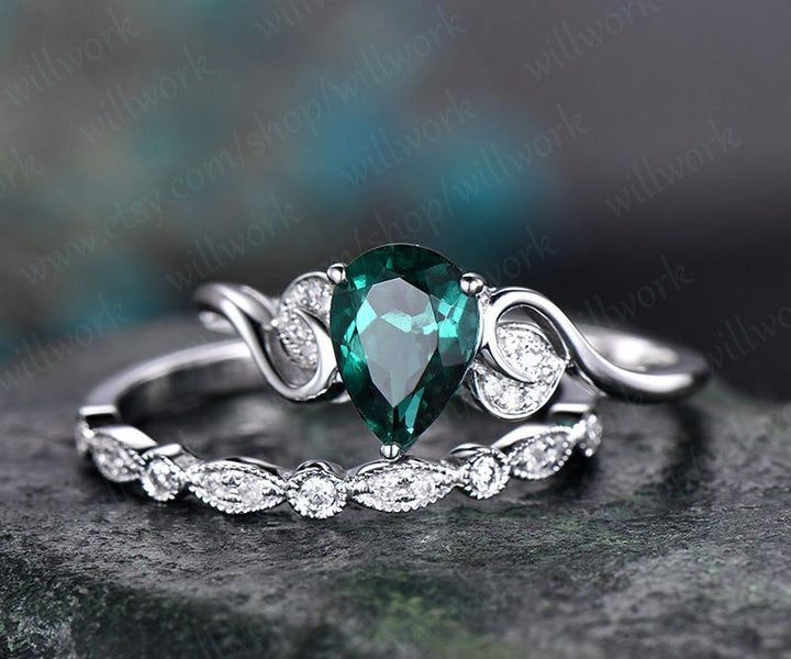 Emerald engagement ring set white gold-emerald ring gold handmade Diamond ring-2pcs floral Wedding ring set-May birthstone ring promise ring