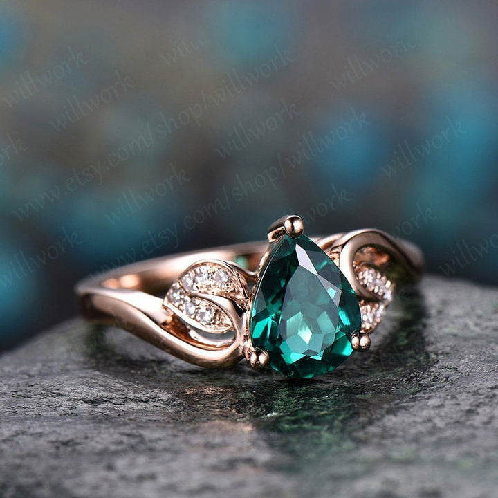 Flower antique emerald ring vintage pear cut emerald engagement ring rose gold real diamond May birthstone wedding women anniversary ring