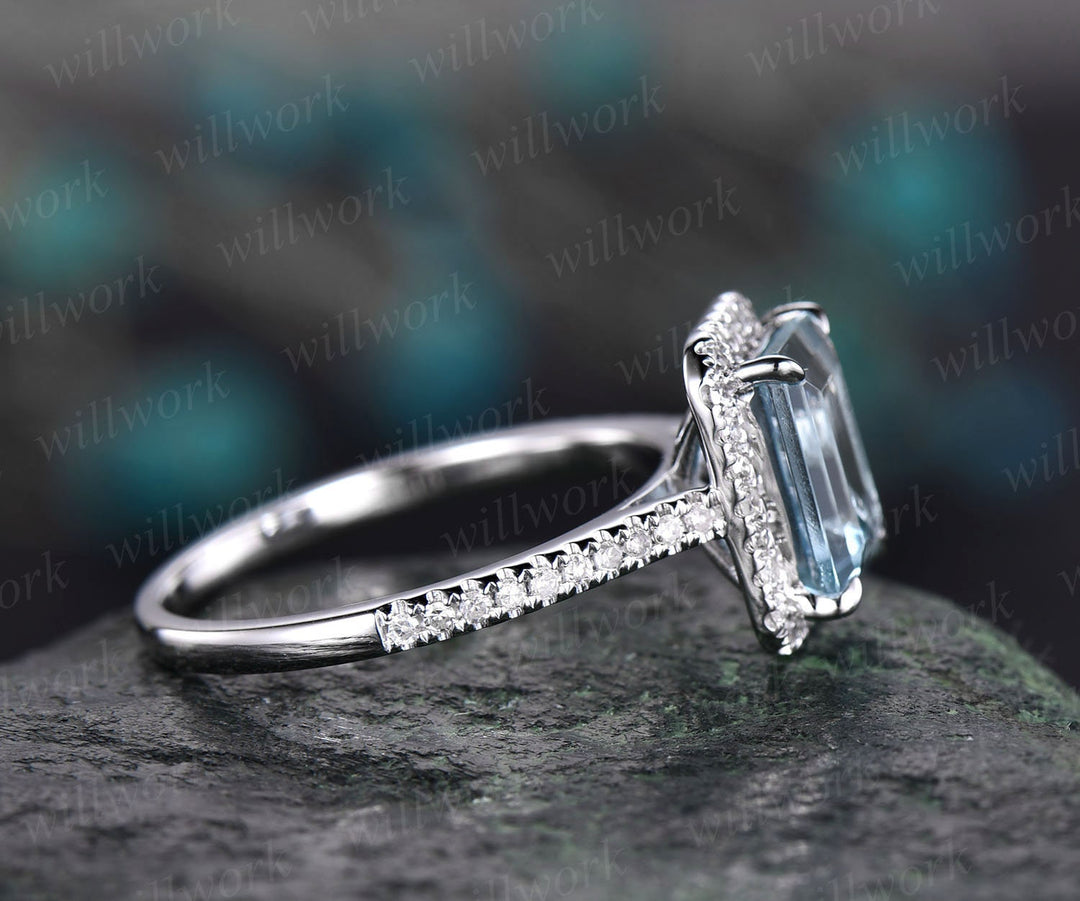Aquamarine ring vintage unique Emerald cut aquamarine engagement ring white gold halo half eternity diamond ring for women promise ring gift