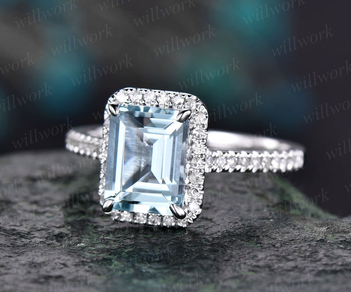 Aquamarine ring vintage unique Emerald cut aquamarine engagement ring white gold halo half eternity diamond ring for women promise ring gift
