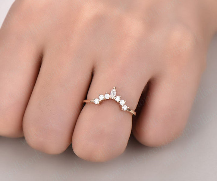 Marquise cut moissanite wedding ring 14k yellow gold crown moissanite matching band unique antique art deco curved wedding band gift for her