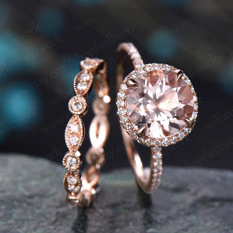 ONLY THE Morganite engagement ring rose gold handmade solid 14k rose gold real diamond ring 8mm round Cut gemstone promise halo bridal Ring