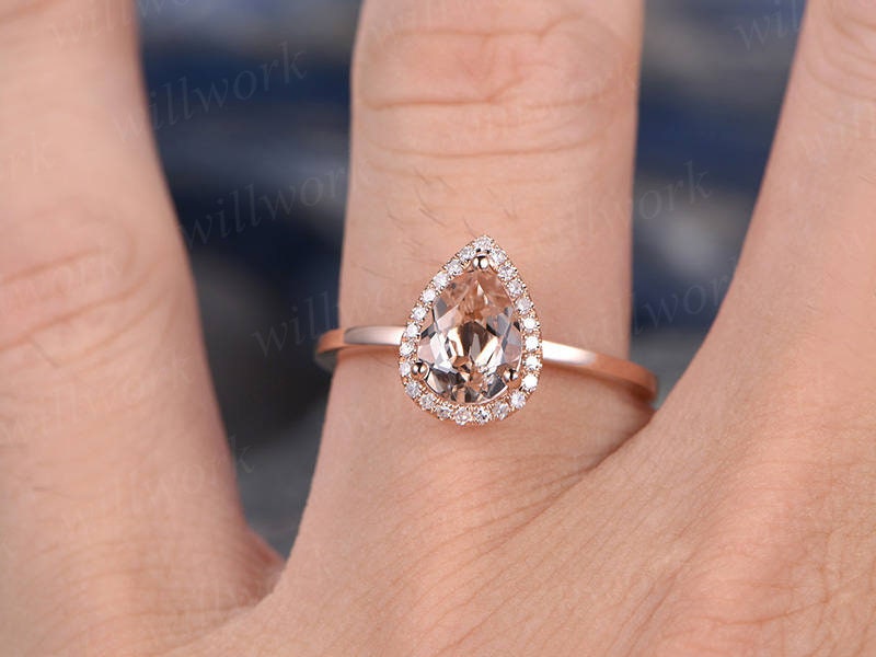 Pink morganite engagement ring solid 14k rose gold ring real diamond halo ring pear antique unique gift bridal wedding promise ring for her