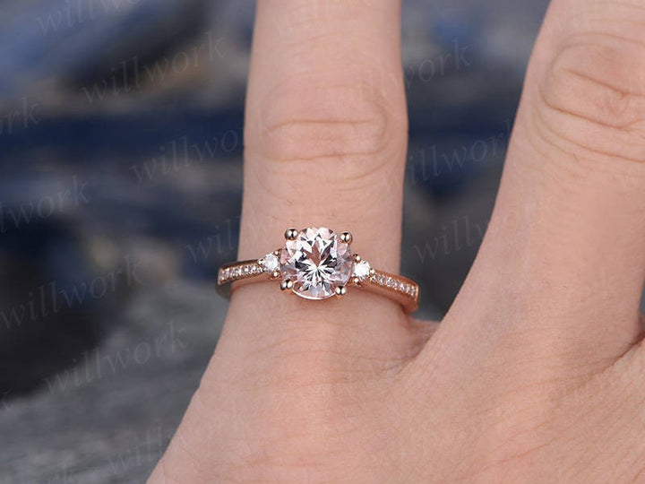Three stone pink morganite engagement ring 14k rose gold ring real diamond ring round unique half eternity gift promise wedding bridal ring