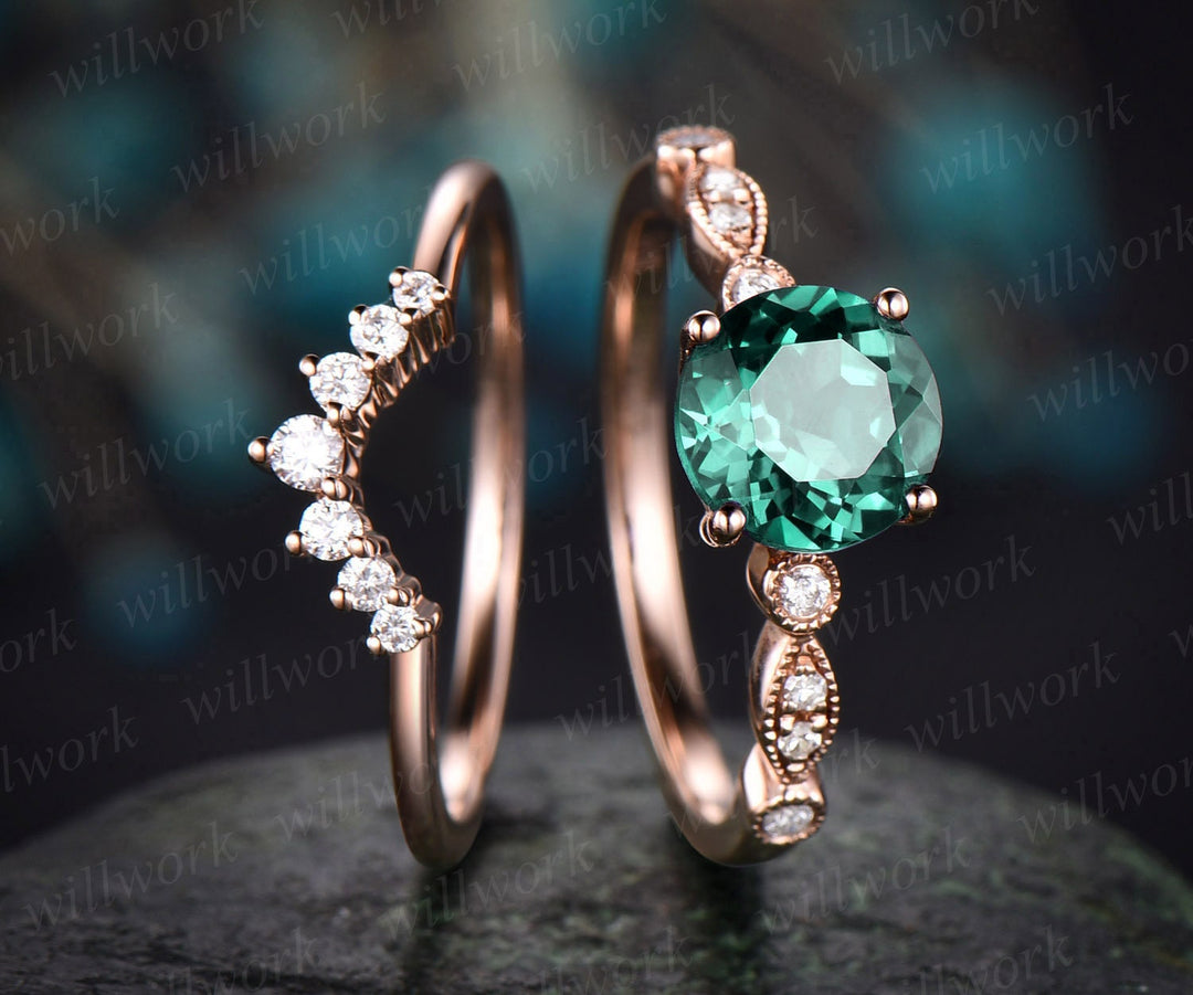 Emerald engagement ring set rose gold emerald ring vintage marquise diamond ring crown 2pc matching stacking wedding promise bridal ring set