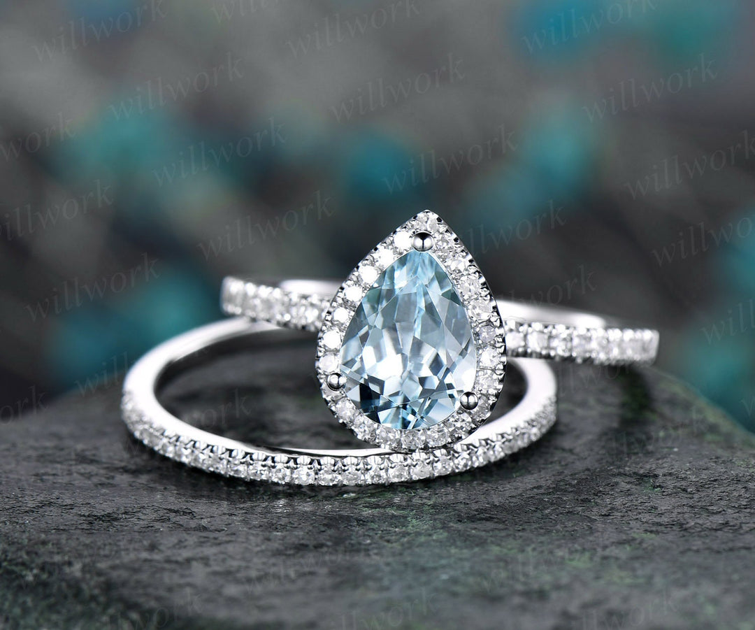 Pear cut aquamarine engagement ring set 14k white gold 2pc diamond halo ring matching antique jewelry gift wedding bridal promise ring set