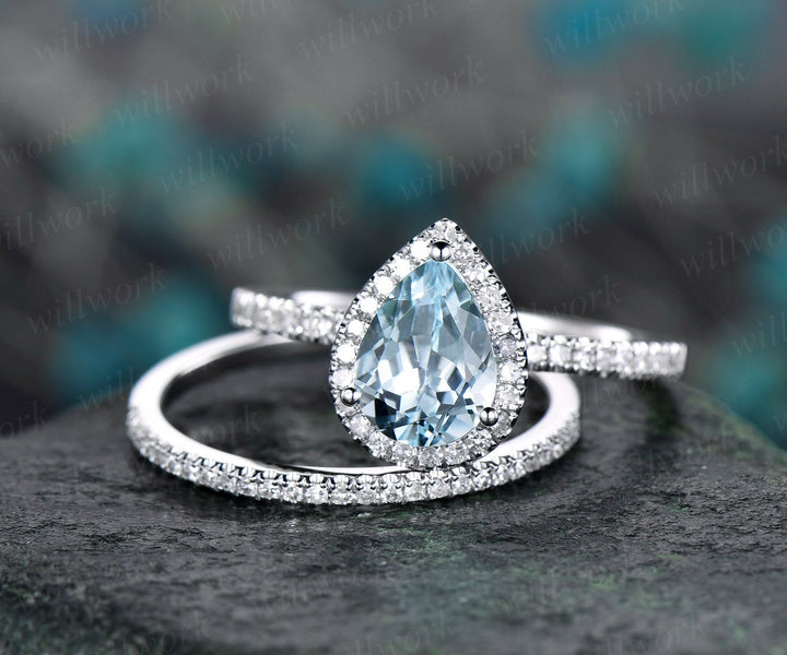 Pear cut aquamarine engagement ring set 14k white gold 2pc diamond halo ring matching antique jewelry gift wedding bridal promise ring set