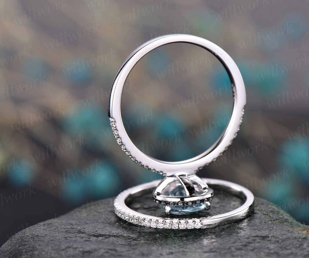 Pear cut aquamarine engagement ring set 14k white gold 2pc diamond halo ring matching antique jewelry gift wedding bridal promise ring set