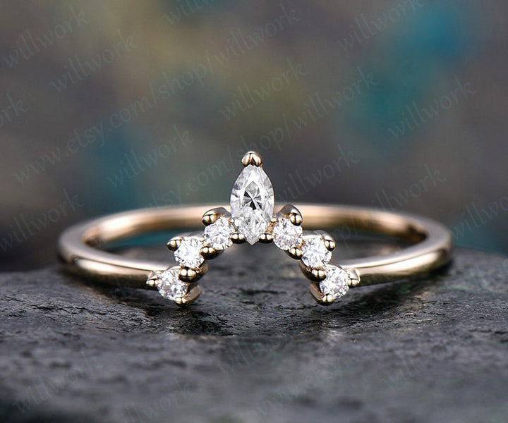 Moissanite wedding band solid yellow gold crown moissanite matching band marquise unique antique gift bridal art deco curved wedding band