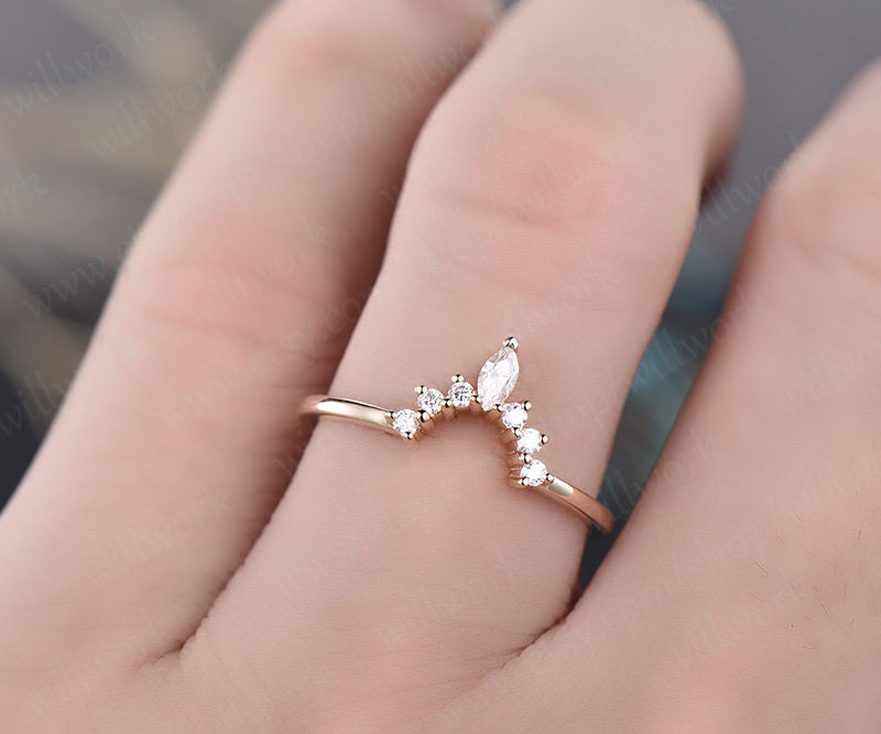 Moissanite wedding band solid yellow gold crown moissanite matching band marquise unique antique gift bridal art deco curved wedding band