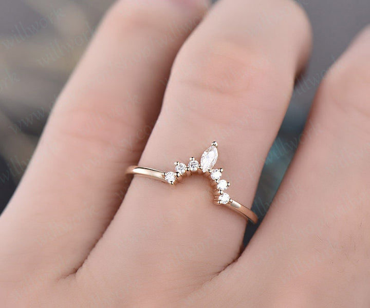 Moissanite wedding band solid yellow gold crown moissanite matching band marquise unique antique gift bridal art deco curved wedding band