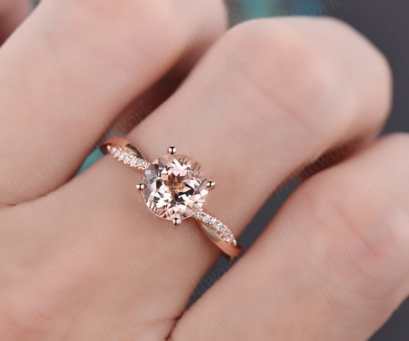 Round morganite engagement ring solid 14k rose gold wedding ring twisted real diamond ring unique bridal gift art deco promise ring for her