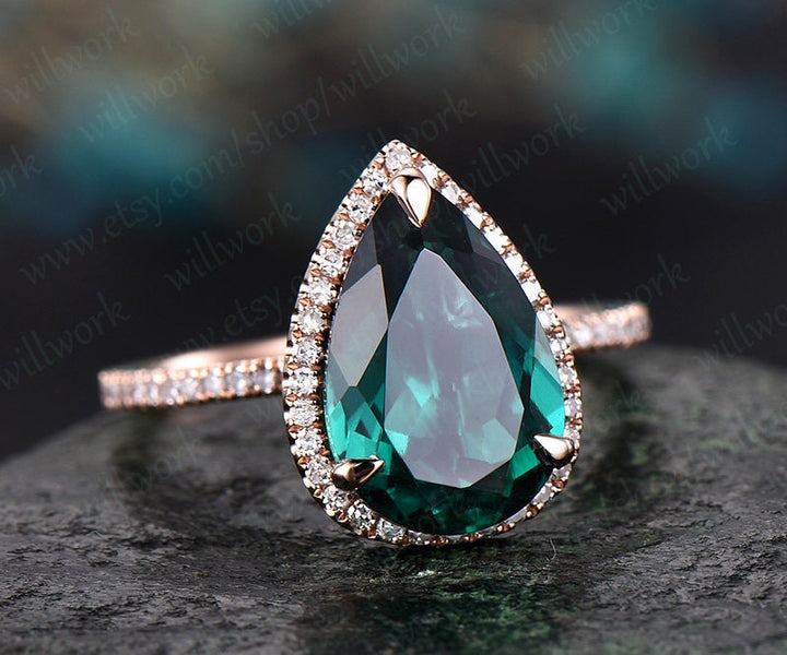 8x12mm emerald engagement ring rose gold diamond halo ring big emerald ring gold unique art deco pear antique wedding bridal promise ring