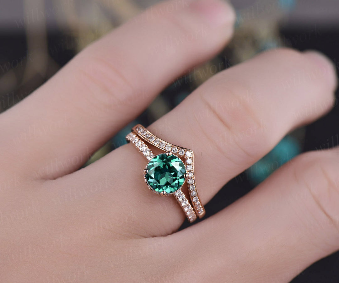 2pcs green emerald ring emerald engagement ring set rose gold vintage under moissanite halo May birthstone 2pcs wedding promise brdial ring