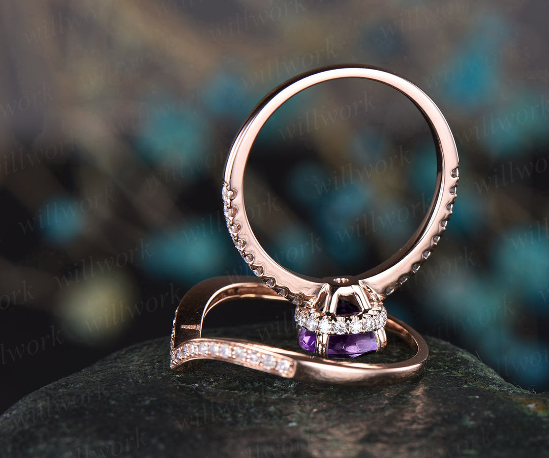 Purple amethyst engagement ring set rose gold under halo moissanite 2pc stacking matching crown unique wedding bridal promise ring set gift