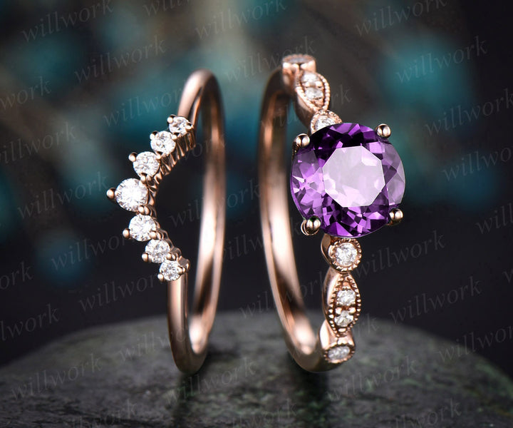 Amethyst  engagement ring set rose gold amethyst ring vintage marquise diamond ring crown matching stacking wedding promise bridal ring set