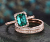 3pcs diamond halo ring emerald cut emerald engagement ring set rose gold May birthstone stacking vintage unique bridal wedding ring set gift