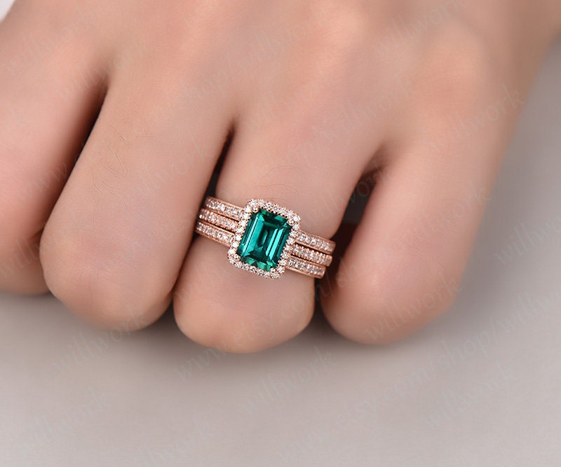 3pcs diamond halo ring emerald cut emerald engagement ring set rose gold May birthstone stacking vintage unique bridal wedding ring set gift