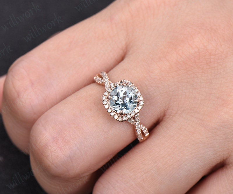 Round cut aquamarine engagement ring rose gold halo diamond wedding ring infinity twisted unique promise anniversary March birthstone ring