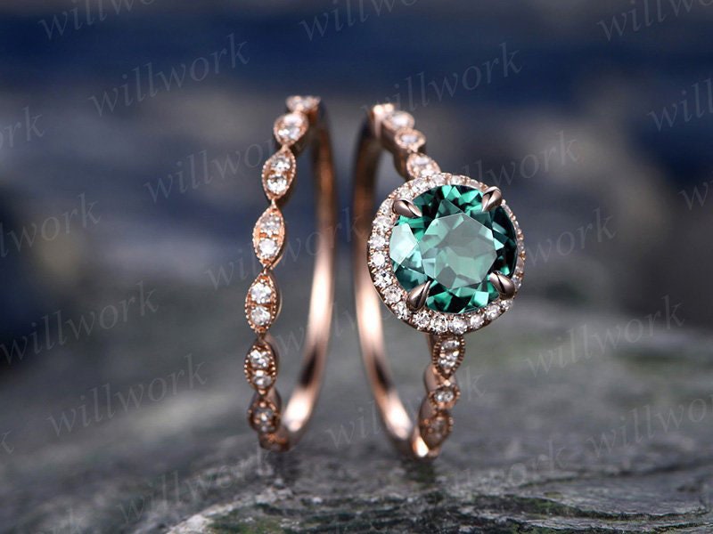 Vintage emerald engagement ring set rose gold Milgrain wedding