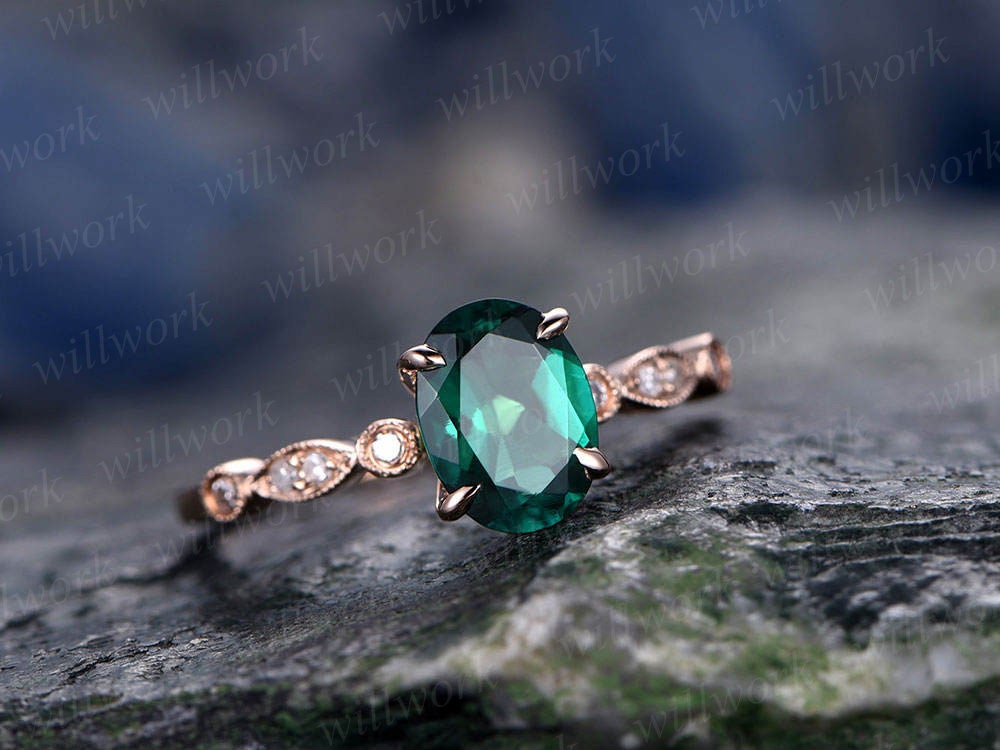 Green emerald engagement ring solid 14k rose gold 6x8mm oval cut