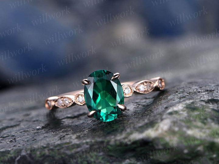Green emerald engagement ring solid 14k rose gold 6x8mm oval cut emerald ring gold vintage art deco diamond ring bridal wedding promise ring