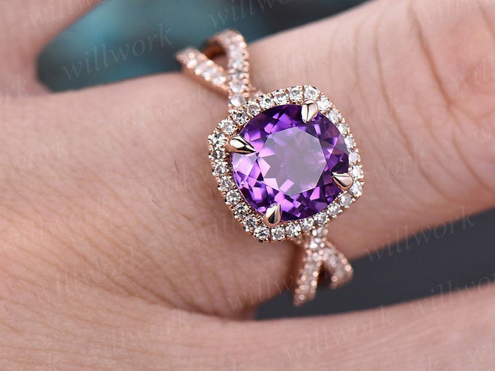 Amethyst engagement ring rose gold diamond halo ring February birthstone infinity twisted unique jewelry anniversary wedding promise ring
