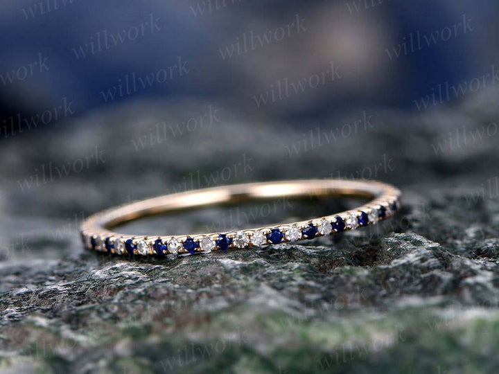 Natural blue sapphire wedding ring band solid 14k rose gold petite diamond ring full eternity tiny stones V Pave 1.2mm matching bridal band