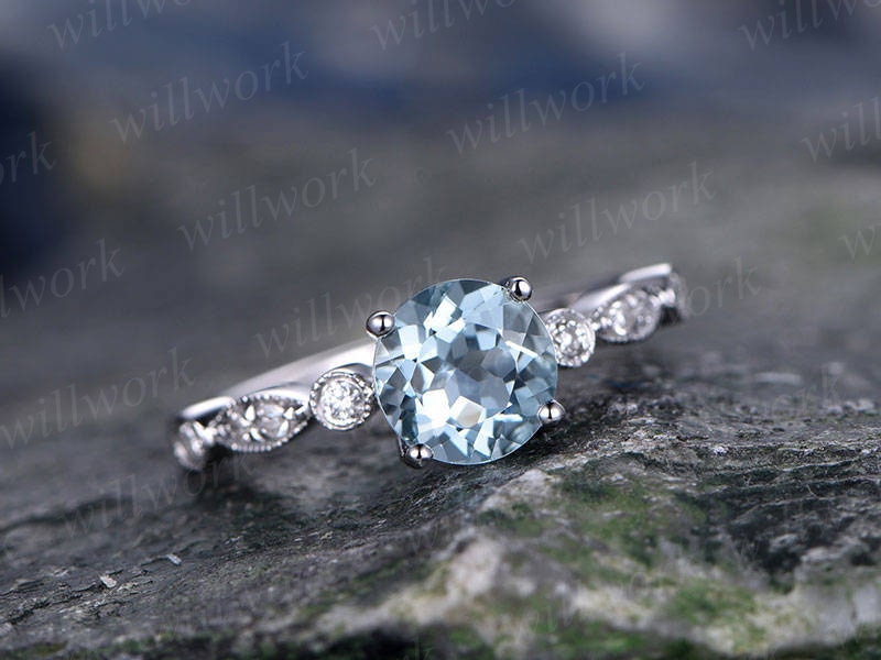 Blue aquamarine engagement ring solid 14k white gold handmade real diamond ring round art deco gift anniversary wedding bridal promise ring