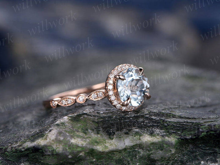 Blue aquamarine engagement ring solid 14k rose gold handmade diamond halo ring round art deco antique unique wedding bridal promise ring