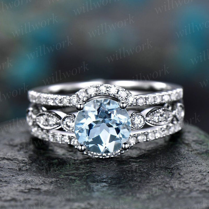 3pc blue aquamarine engagement ring set white gold diamond bridal set stacking matching band march birthstone unique wedding promise ring