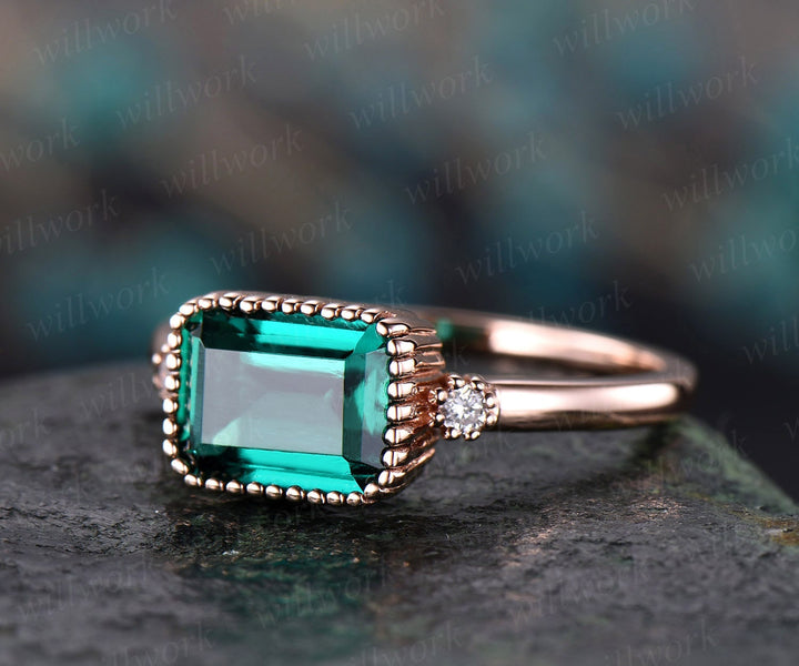 Rose gold ring green emerald ring vintage three stone ring emerald engagement ring real diamond ring emerald cut antique may birthstone ring