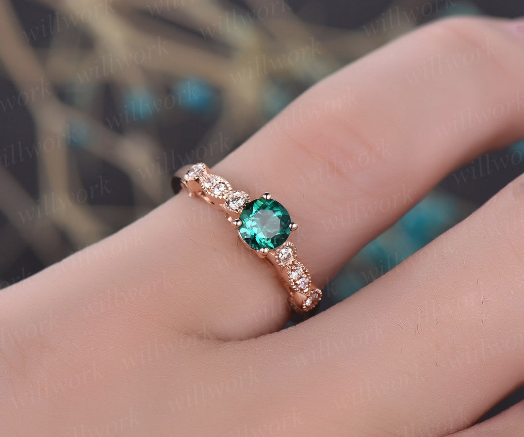 Rose gold ring 5mm green emerald ring vintage emerald engagement ring 14k rose gold diamond ring unique design antique may birthstone ring