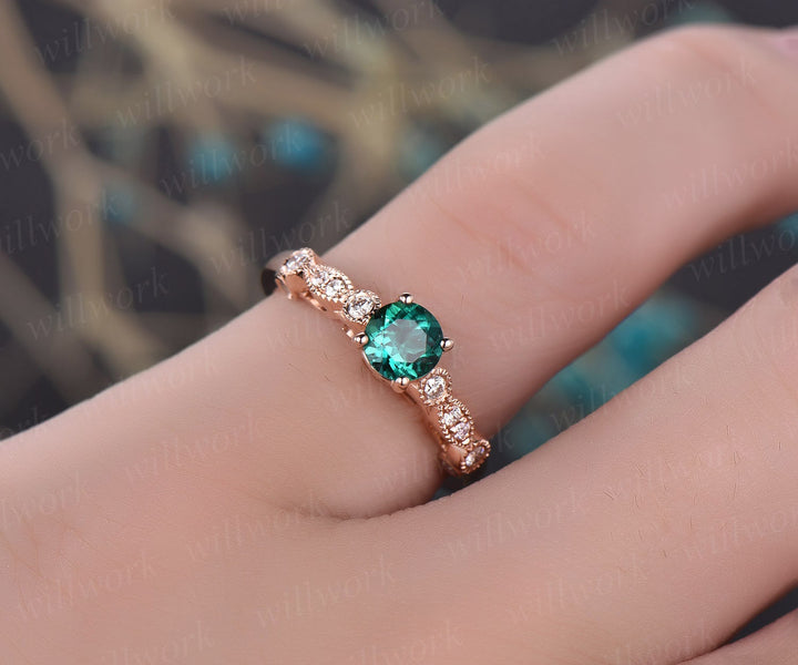 Rose gold ring 5mm green emerald ring vintage emerald engagement ring 14k rose gold diamond ring unique design antique may birthstone ring