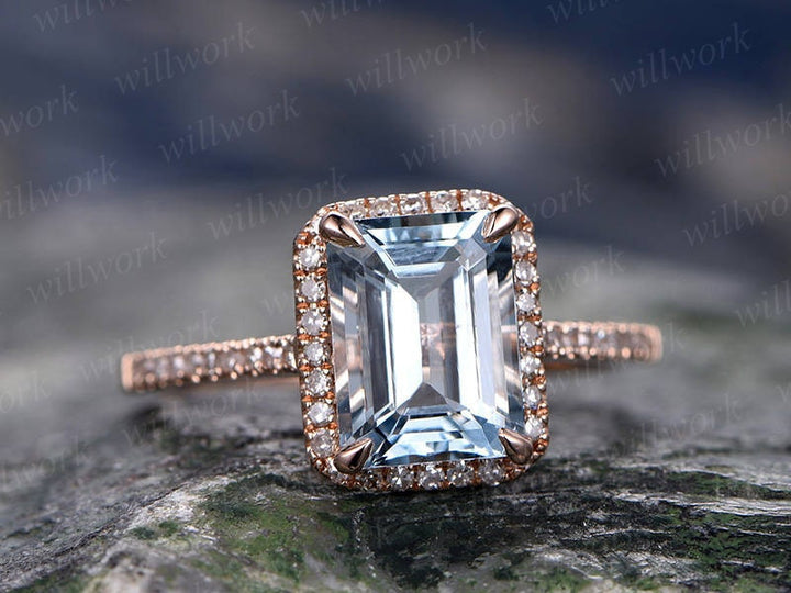 Emerald cut aquamarine engagement ring solid 14k rose gold custom half eternity diamond ring 6x8mm gemstone promise ring for her Antique