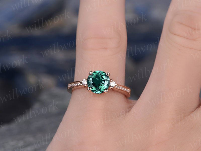 Three stone emerald engagement ring solid 14k rose gold ring real diamond ring emerald ring vintage may birthstone wedding promise ring
