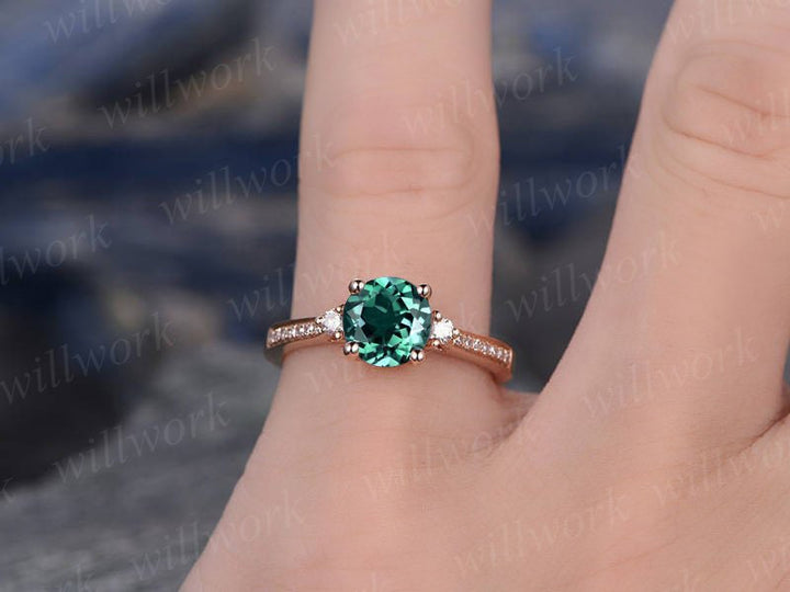 Three stone emerald engagement ring solid 14k rose gold ring real diamond ring emerald ring vintage may birthstone wedding promise ring
