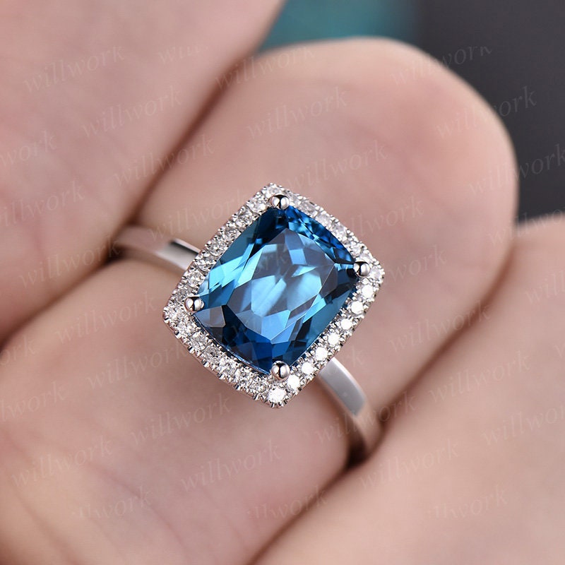 Cushion London blue topaz engagement ring 14k white gold diamond halo topaz ring gold unique antique bridal wedding promise ring for her